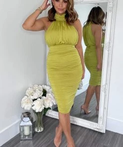 AX Paris Dresses Lime Ruched High Neck Midi Dress
