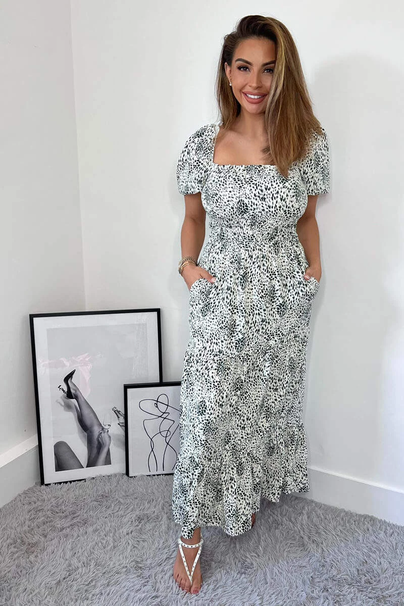 AX Paris Cream And Green Printed Elasticated Midi Smock Dress Dresses 3 AX Paris Cream And Green Printed Elasticated Midi Smock Dress Dresses