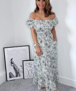 AX Paris Cream And Green Printed Elasticated Midi Smock Dress Dresses