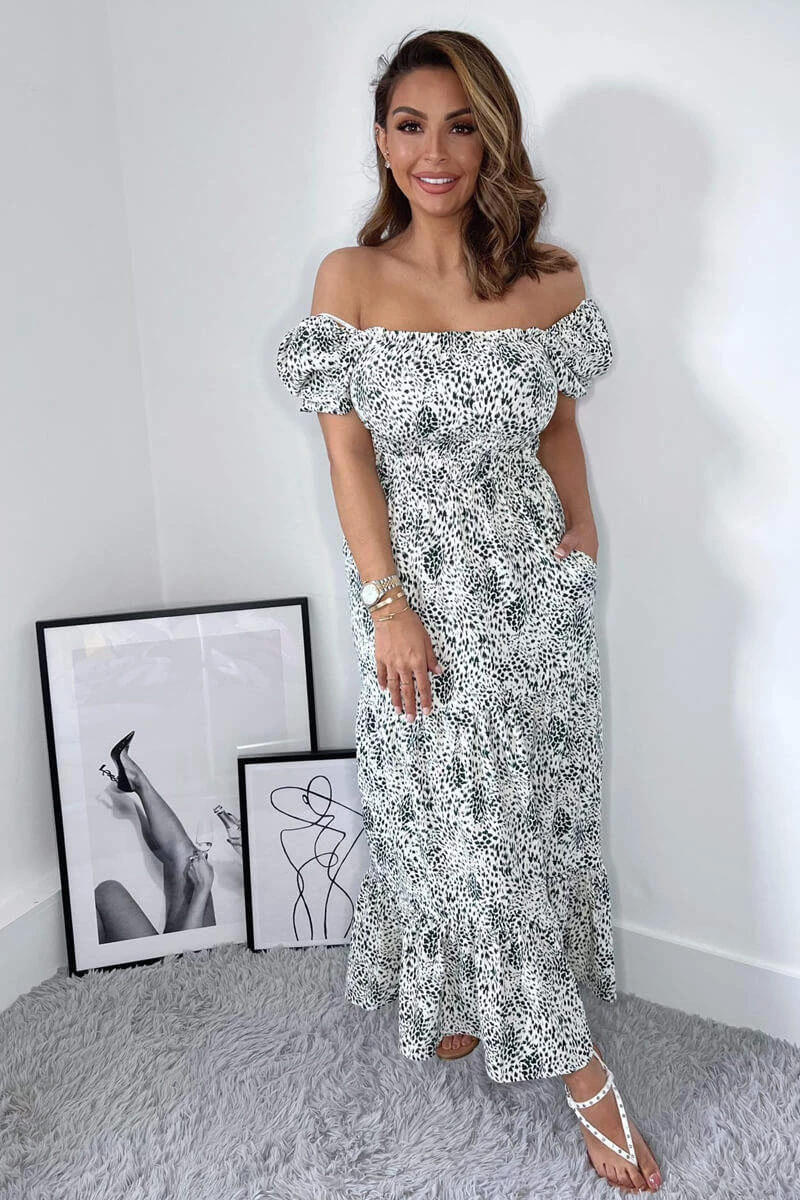 AX Paris Cream And Green Printed Elasticated Midi Smock Dress Dresses 2 AX Paris Cream And Green Printed Elasticated Midi Smock Dress Dresses