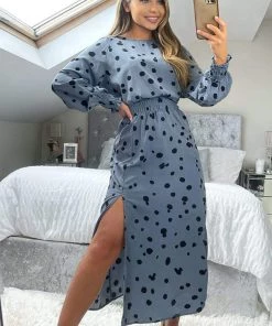 AX Paris Blue Dot Printed Elasticated Waist Midi Dress Dresses