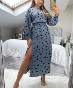 AX Paris Blue Dot Printed Elasticated Waist Midi Dress Dresses