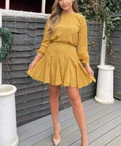 AX Paris Mustard Polka Dot Long Sleeve Skater Dress