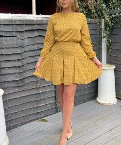 AX Paris Mustard Polka Dot Long Sleeve Skater Dress
