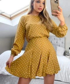 AX Paris Mustard Polka Dot Long Sleeve Skater Dress