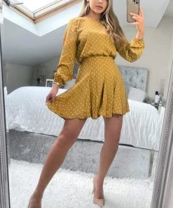 AX Paris Mustard Polka Dot Long Sleeve Skater Dress