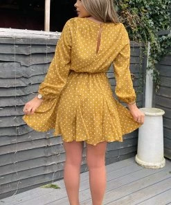AX Paris Mustard Polka Dot Long Sleeve Skater Dress