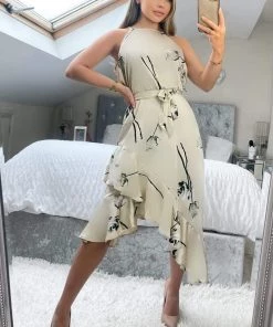 AX Paris Stone Floral Printed Frill Hem Midi Dress