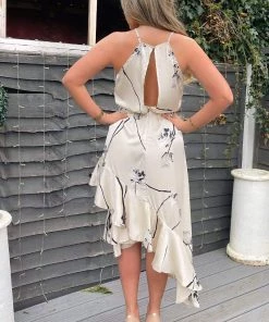 AX Paris Stone Floral Printed Frill Hem Midi Dress