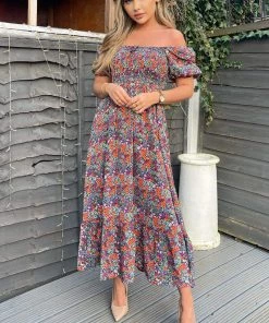 AX Paris Navy And Orange Floral Printed Puff Sleeve Smock Dress 8 AX Paris Navy And Orange Floral Printed Puff Sleeve Smock Dress