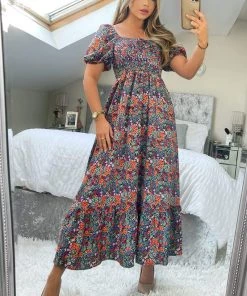 AX Paris Navy And Orange Floral Printed Puff Sleeve Smock Dress 9 AX Paris Navy And Orange Floral Printed Puff Sleeve Smock Dress