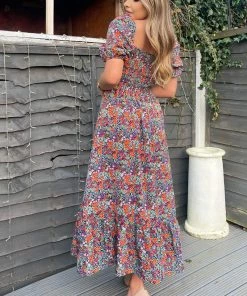 AX Paris Navy And Orange Floral Printed Puff Sleeve Smock Dress 10 AX Paris Navy And Orange Floral Printed Puff Sleeve Smock Dress