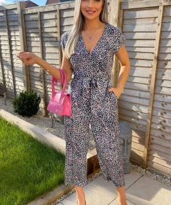 AX Paris Navy White And Pink Printed Wrap Jumpsuit