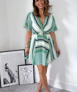AX Paris Green Printed Short Sleeve Belted Mini Dress Dresses