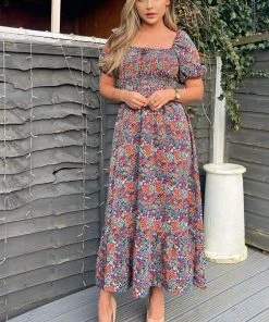 AX Paris Navy And Orange Floral Printed Puff Sleeve Smock Dress