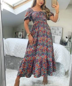 AX Paris Navy And Orange Floral Printed Puff Sleeve Smock Dress