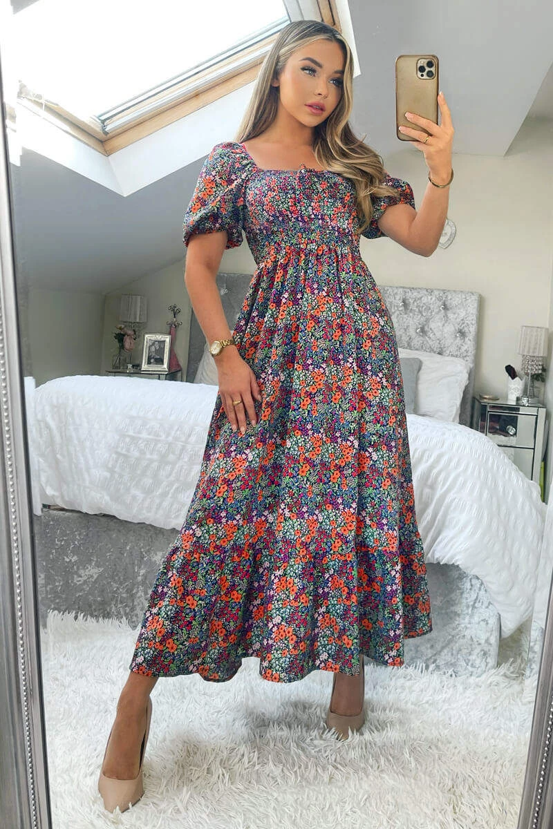 AX Paris Navy And Orange Floral Printed Puff Sleeve Smock Dress 2 AX Paris Navy And Orange Floral Printed Puff Sleeve Smock Dress