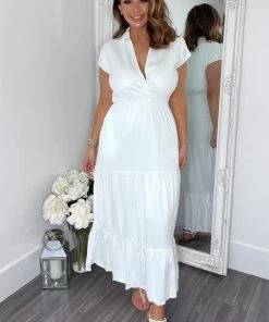 AX Paris Cream Short Sleeved V-Neck Midi Smock Dress Dresses