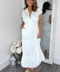 AX Paris Cream Short Sleeved V-Neck Midi Smock Dress Dresses