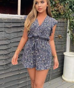 AX Paris Navy Ditsy Print Wrap Top Belted Playsuit Jumpsuits And Playsuits