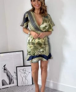 AX Paris Dresses Khaki Scarf Print Short Sleeve Day Dress