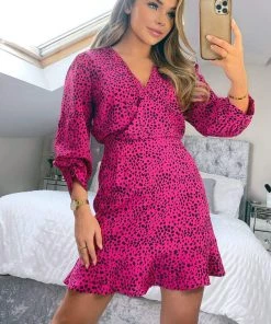 AX Paris Pink And Black Printed Cuffed Sleeve Mini Dress Dresses