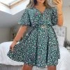 AX Paris Dresses Navy And Green Printed Wrap Over Belted Skater Dress