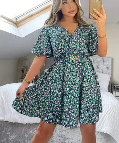 AX Paris Dresses Navy And Green Printed Wrap Over Belted Skater Dress