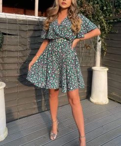 AX Paris Dresses Navy And Green Printed Wrap Over Belted Skater Dress