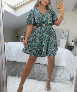 AX Paris Dresses Navy And Green Printed Wrap Over Belted Skater Dress