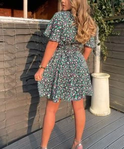 AX Paris Dresses Navy And Green Printed Wrap Over Belted Skater Dress