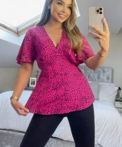 AX Paris Pink And Black Printed V-Neck Top