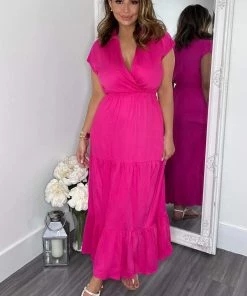 AX Paris Hot Pink Short Sleeved V-Neck Midi Smock Dress Dresses