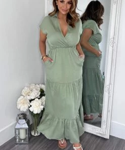 AX Paris Dresses Khaki Short Sleeved V-Neck Midi Smock Dress