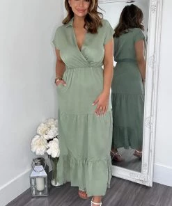 AX Paris Dresses Khaki Short Sleeved V-Neck Midi Smock Dress