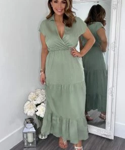 AX Paris Dresses Khaki Short Sleeved V-Neck Midi Smock Dress