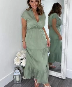 AX Paris Dresses Khaki Short Sleeved V-Neck Midi Smock Dress