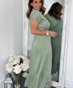 AX Paris Dresses Khaki Short Sleeved V-Neck Midi Smock Dress