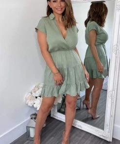 AX Paris Khaki Short Sleeve V-Neck Mini Smock Dress Dresses