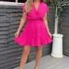 AX Paris Hot Pink Short Sleeve V-Neck Mini Smock Dress Dresses