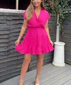 AX Paris Hot Pink Short Sleeve V-Neck Mini Smock Dress Dresses