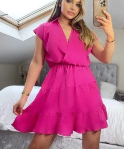AX Paris Hot Pink Short Sleeve V-Neck Mini Smock Dress Dresses