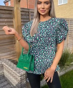 AX Paris Navy Green And Pink Printed Balloon Sleeve Top