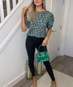 AX Paris Navy Green And Pink Printed Balloon Sleeve Top