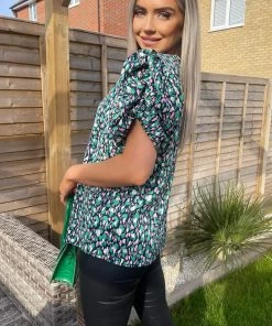 AX Paris Navy Green And Pink Printed Balloon Sleeve Top