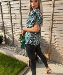 AX Paris Navy Green And Pink Printed Balloon Sleeve Top