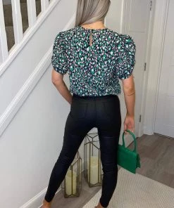 AX Paris Navy Green And Pink Printed Balloon Sleeve Top