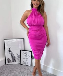 AX Paris Hot Pink Ruched High Neck Midi Dress Dresses