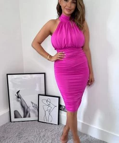 AX Paris Hot Pink Ruched High Neck Midi Dress Dresses