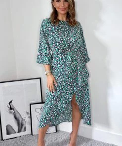 AX Paris Navy Green And Pink Printed Wrap Tie Front Midi Dress